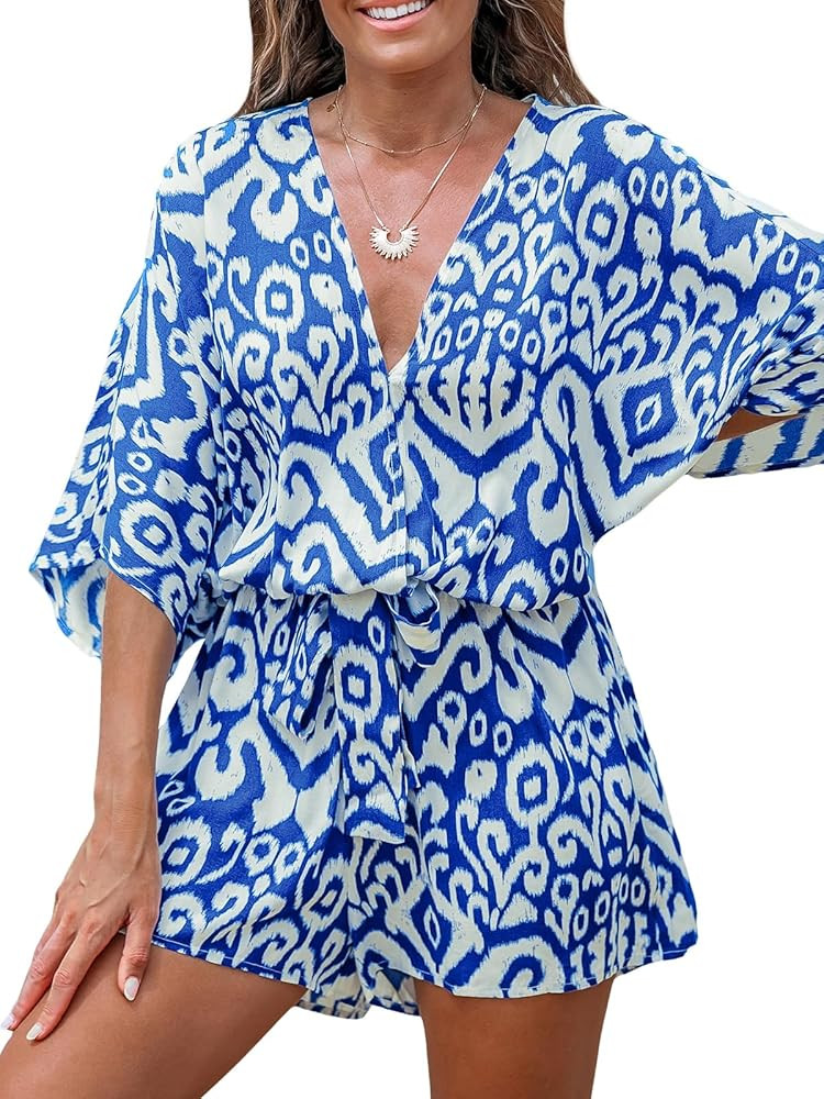 CUPSHE Women's Lace Up Leopard Print Romper Short Sleeves Jumpsuits Wide leg Outfit | Amazon (US)