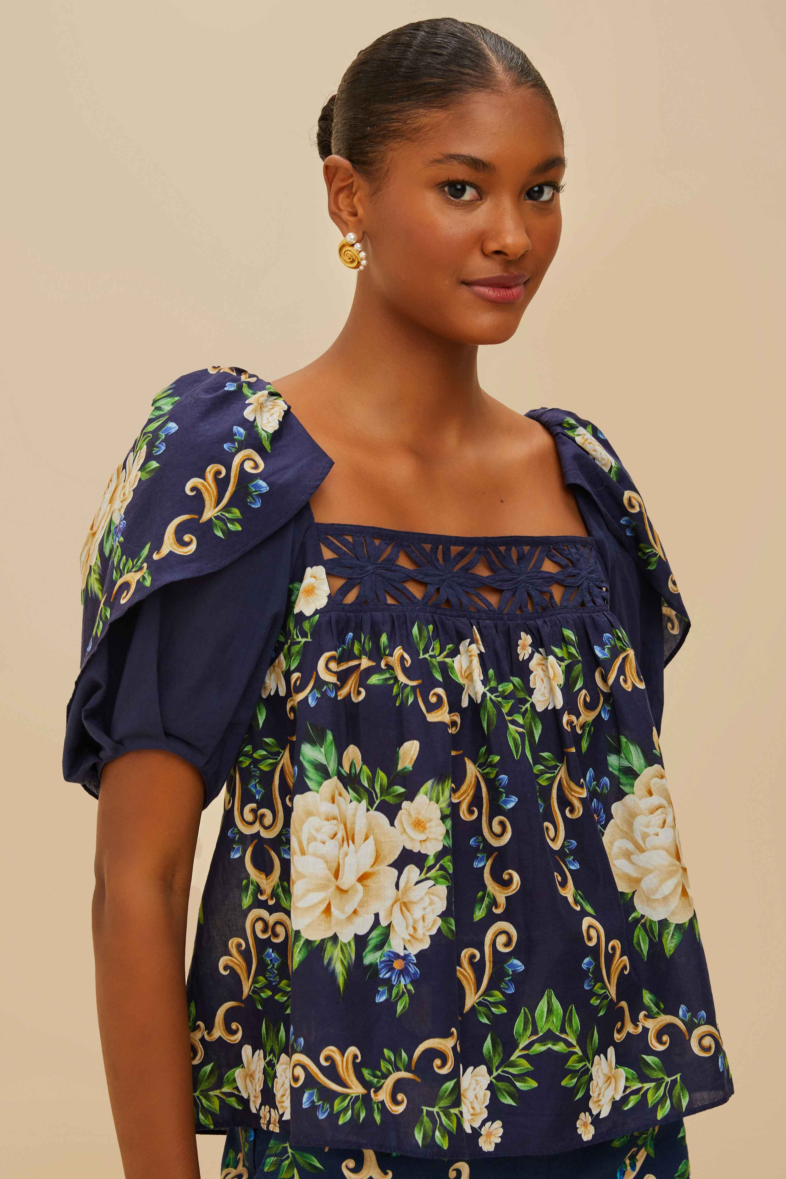 Blue Flower Tapestry Yoke Blouse, FLOWER TAPESTRY BLUE / XS | FarmRio (US)