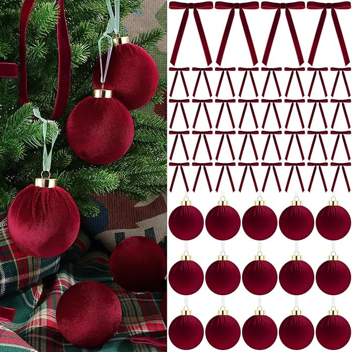 51 Pcs Christmas Burgundy Velvet Ornaments 15 Pcs Christmas Tree Decor Balls 3.14" 36 Pcs Velvet ... | Amazon (US)