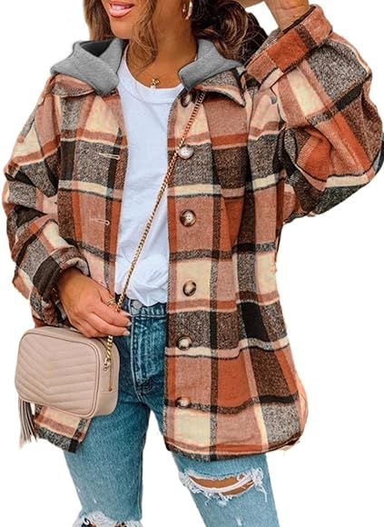 SHEWIN Womens Long Sleeve Button Down Plaid Shirts Flannel Hooded Shacket Jacket Hoodie Coats | Amazon (US)