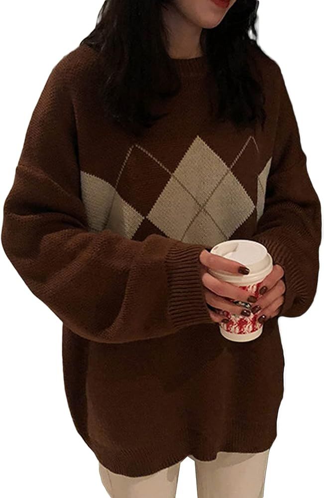 Women Argyle Knitted Oversized Sweater Pullover Casual Long Sleeve Round Neck E-Girls Preppy Styl... | Amazon (US)