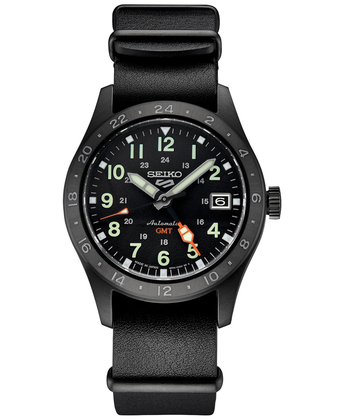 Seiko 5 Sports GMT automatic watch with black leather strap