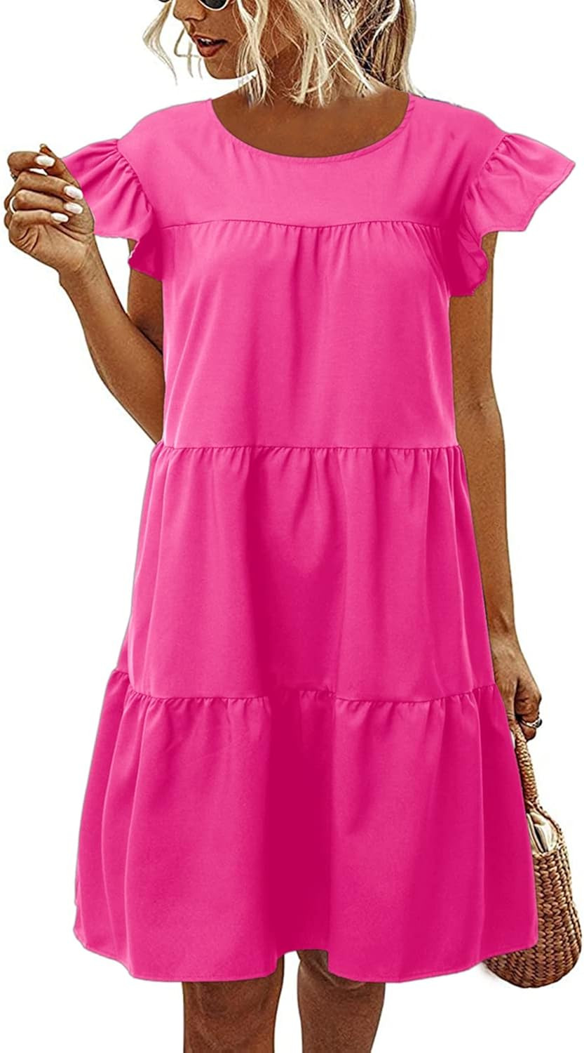 LovelyWholesale Women Ruffle Sleeve Babydoll Round Neck Beach A Line Loose Casual Summer Swing Ti... | Amazon (US)