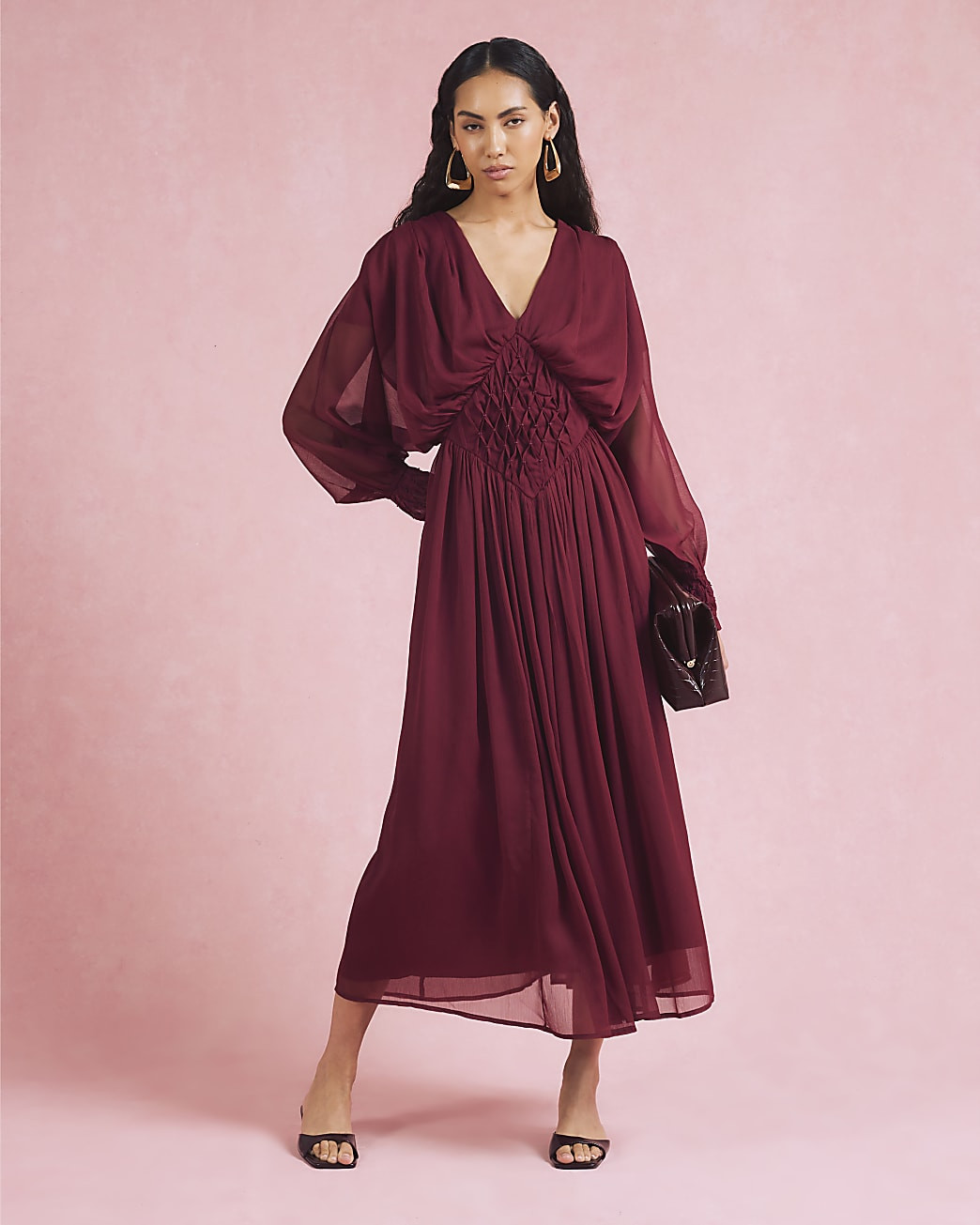 Red Long Sleeve Smocked Maxi Dress | River Island UK & IE