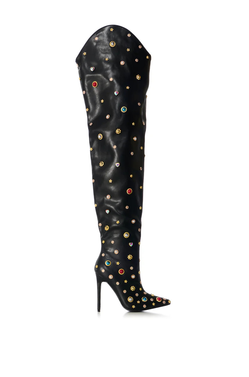 AZALEA WANG CORINNE EMBELLISHED ABOVE THE KNEE BOOT IN BLACK | AKIRA