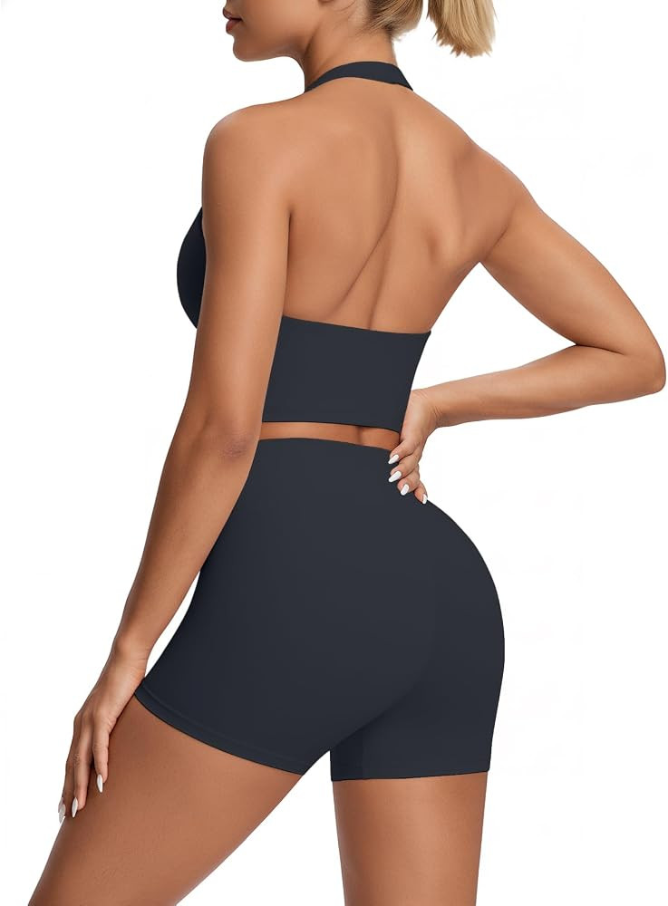 2 Piece Workout Sets for Women Halter Neck Sports Bra High Waisted Biker Shorts Backless No Front... | Amazon (US)