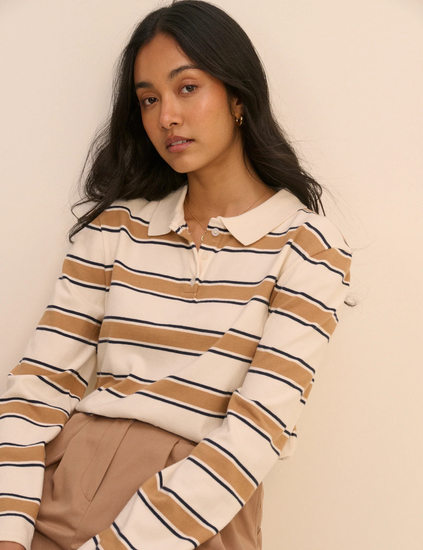 White and Brown Striped Long Sleeve Polo Top | Nobody's Child