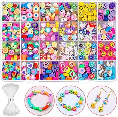 Amazon.com: 480 Pcs Fruit Flower Polymer Clay Beads, 24 Styles Trendy Cute Smiley Bead Charms for... | Amazon (US)