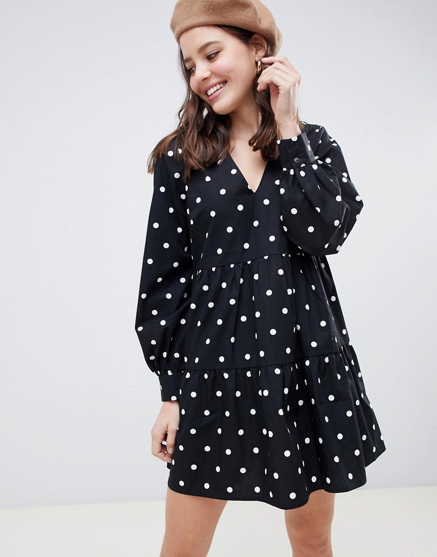 ASOS DESIGN tiered mini cotton smock dress with long sleeves in spot - Multi | ASOS US