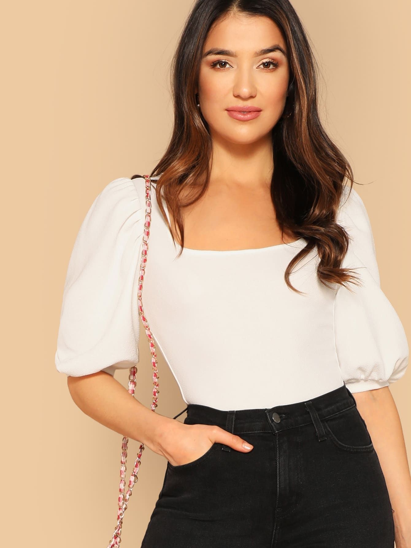 SHEIN Puff Sleeve Square Neck Fitted Top | SHEIN