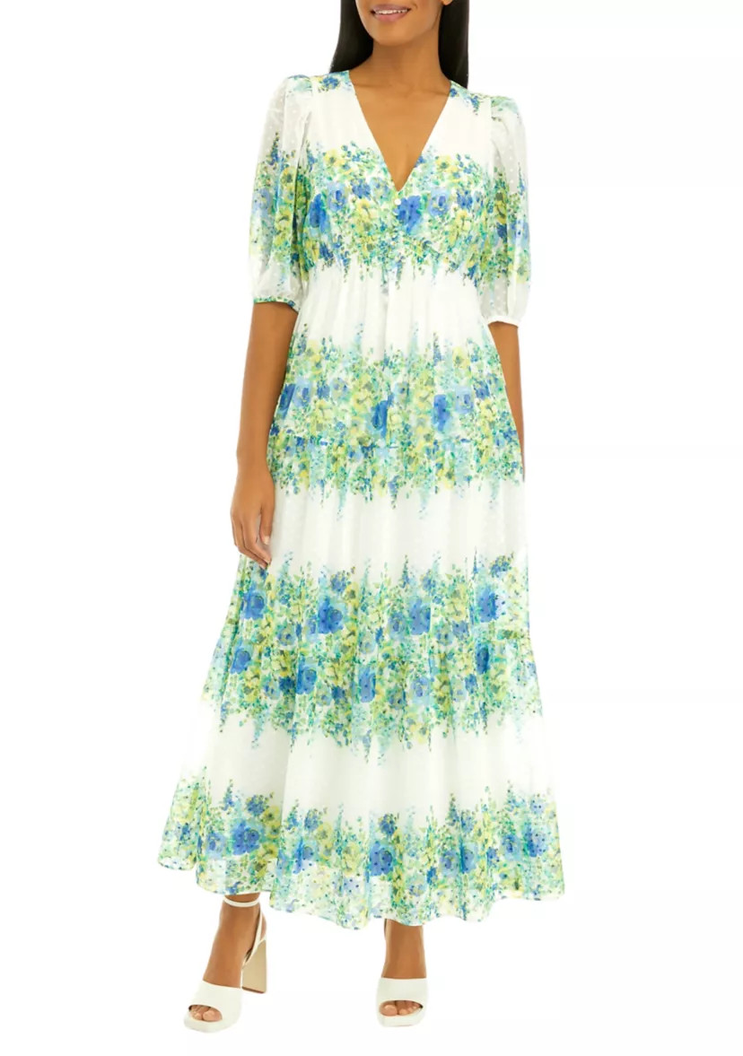 Women's Elbow Sleeve V-Neck Floral Print Chiffon Maxi Dress | Belk