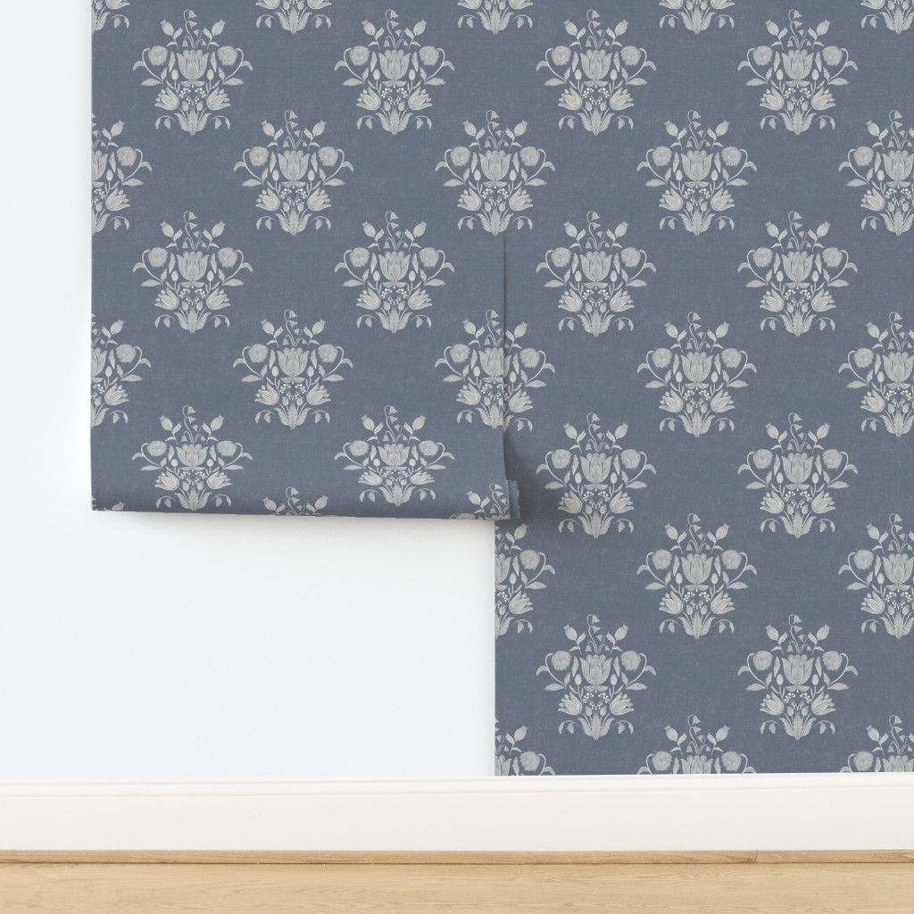 Block Print Floral Damask Medallion - Slate Denim Blue & Cream on Linen Wallpaper | Spoonflower | Spoonflower