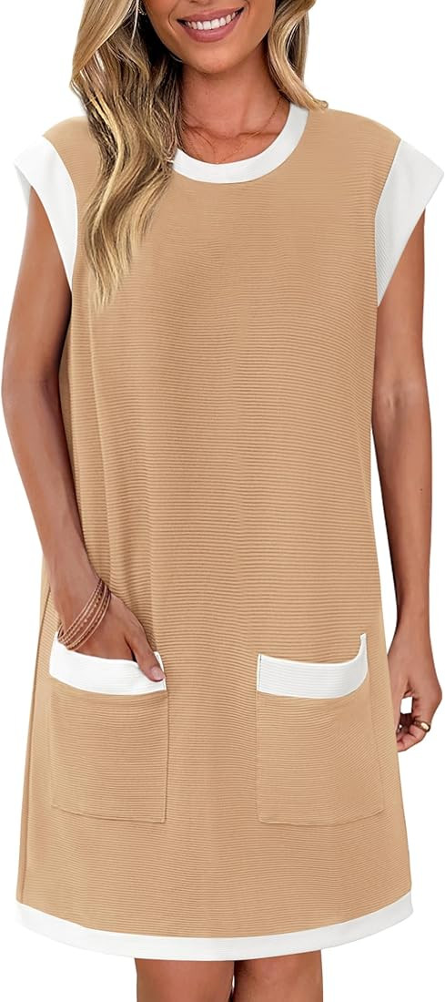 dowerme Women's Summer Short Dresses 2025 Cap Sleeve Color Block Loose Ribbed Knit Trendy Cotton ... | Amazon (US)