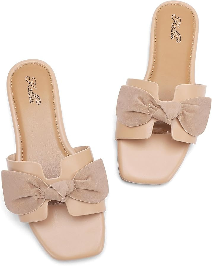 katliu Women's Bow Flat Sandals Square Open Toe Dressy Slide Sandals Slip On Summer Sandals for Wedding Party | Amazon (US)