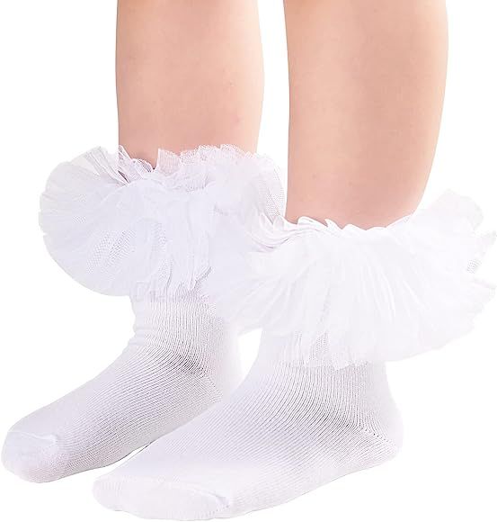 Girls Ruffle Socks Double Lace Frilly Dress Socks Kids Turn Cuff Socks for Toddler Little Girls 2... | Amazon (US)