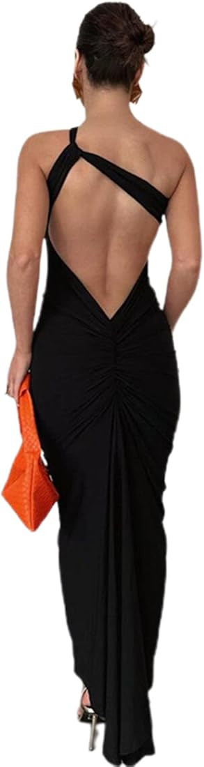 Sexy Ruched Backless One Shoulder Maxi Dress for Women Solid Color Sleeveless Halter Bodycon Part... | Amazon (US)