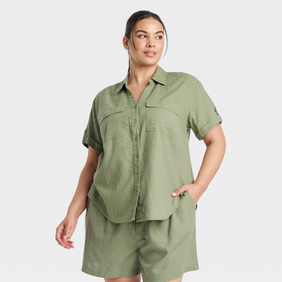 Women's Short Sleeve Linen Front Button-Down Shirt - Ava & Viv™ | Target