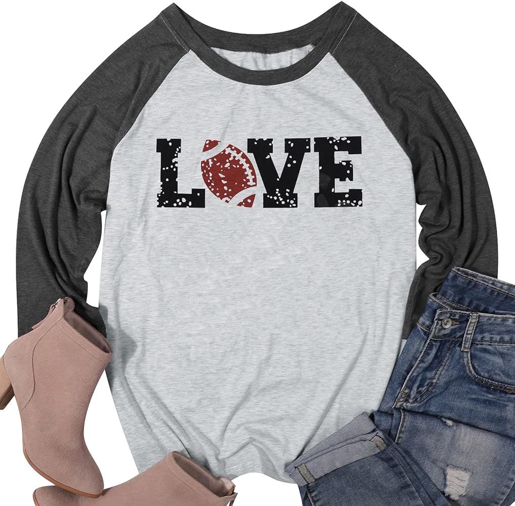 Love Football Shirts Women Football Graphic 3/4 Sleeve Raglan Tee Tops Blouse Football Lover | Amazon (US)