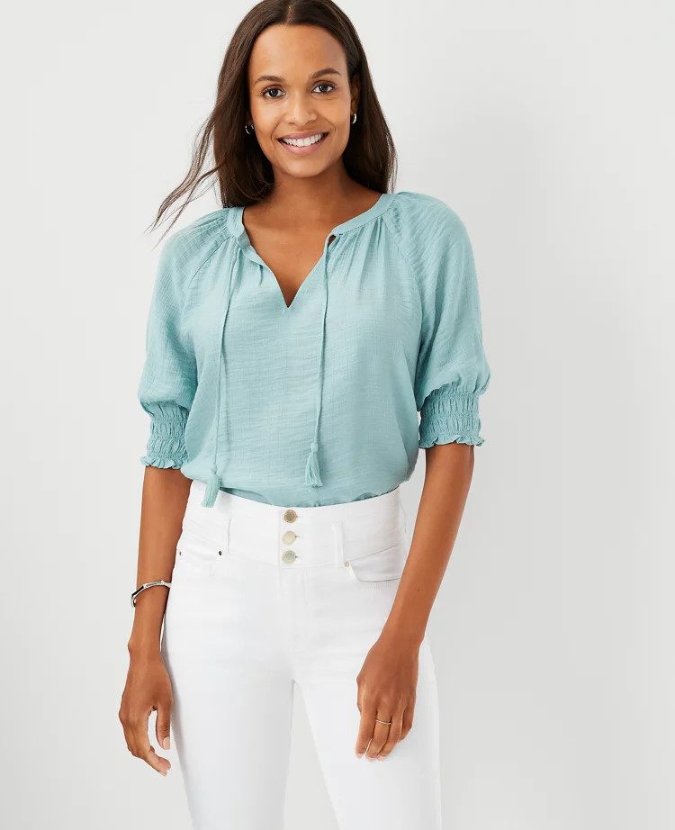 Gauze Tie Neck Raglan Sleeve Top | Ann Taylor (US)