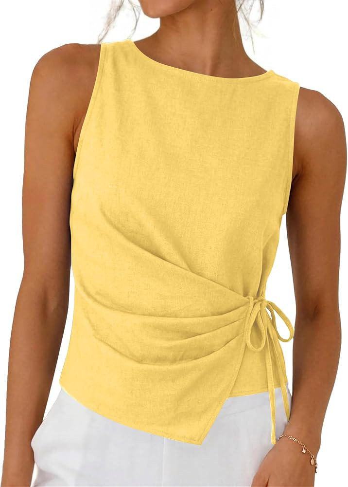 Womens Linen Cotton Crop Tank Tops Tie Wrap Sleeveless Ruched Boat Neck Shirts Casual Summer Beac... | Amazon (US)