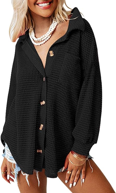 Dokotoo Womens Waffle Knit Shacket Jacket Casual Long Sleeve Button Down Shirts Dressy Blouses To... | Amazon (US)