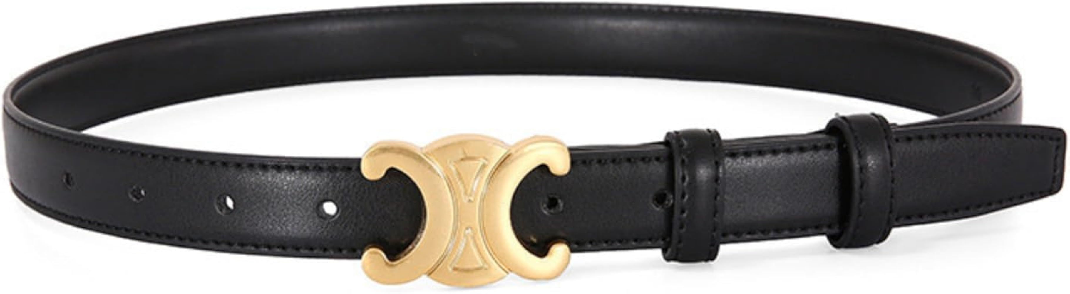 Womens Leather Belt With Gold Color Buckle, Soft Leather Waist Belt with Pin Buckle for Jeans Pan... | Amazon (US)