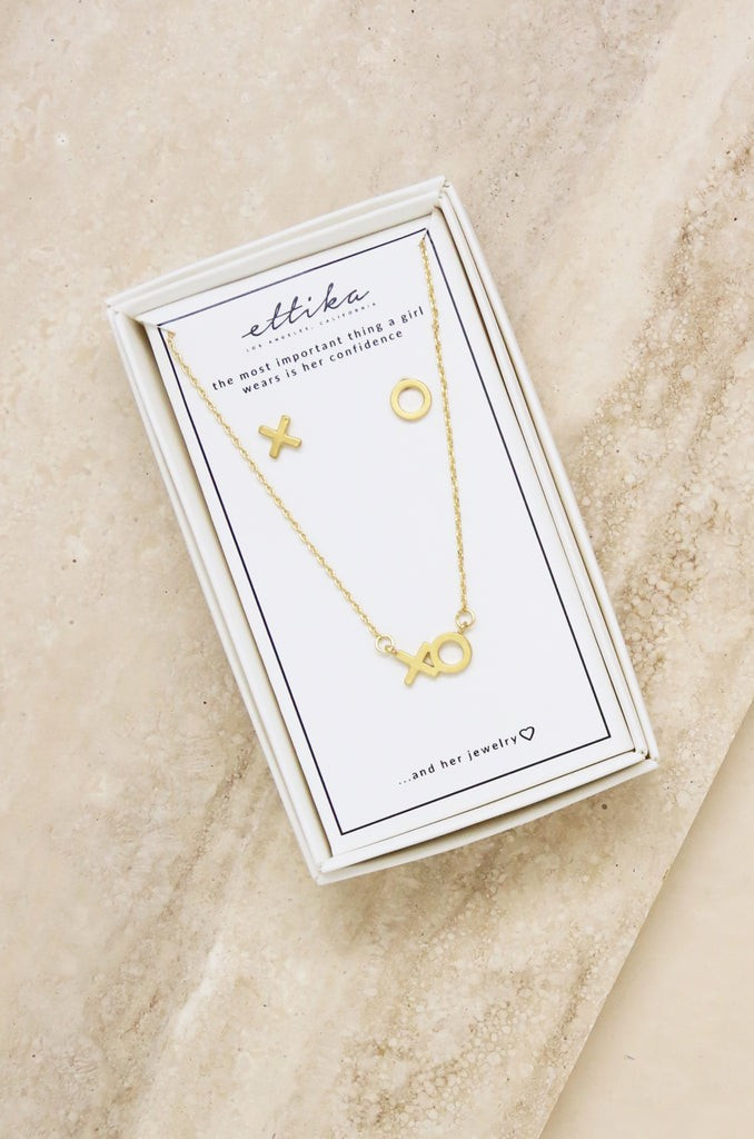 Hugs and Kisses 18k Gold Plated XO Necklace & Earring Stud Boxed Set | Ettika