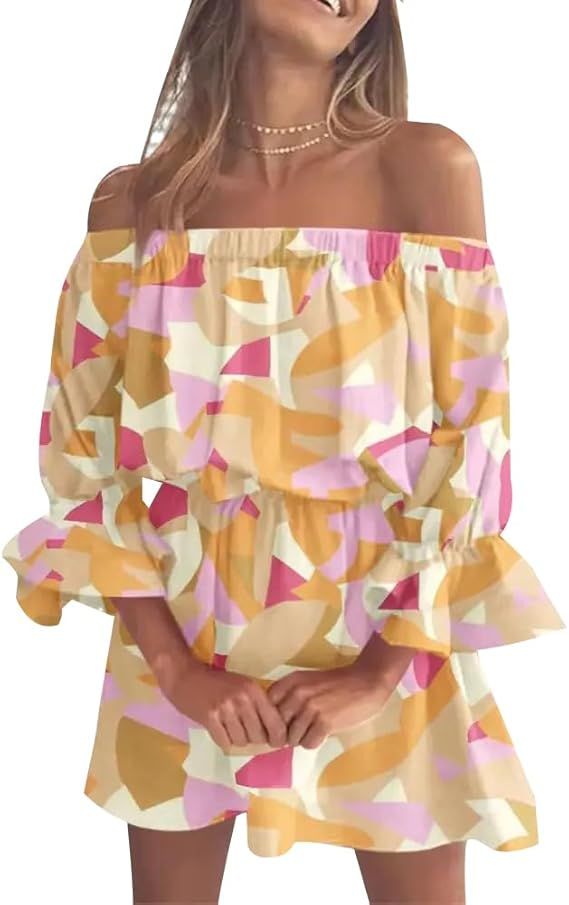 Vrtige Women's Floral Off Shoulder Flounce Half Sleeve Ruffle Hem A Line Mini Dress | Amazon (US)