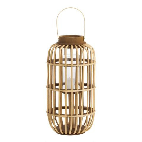Tall Natural Wood and Rattan Candle Lantern | World Market