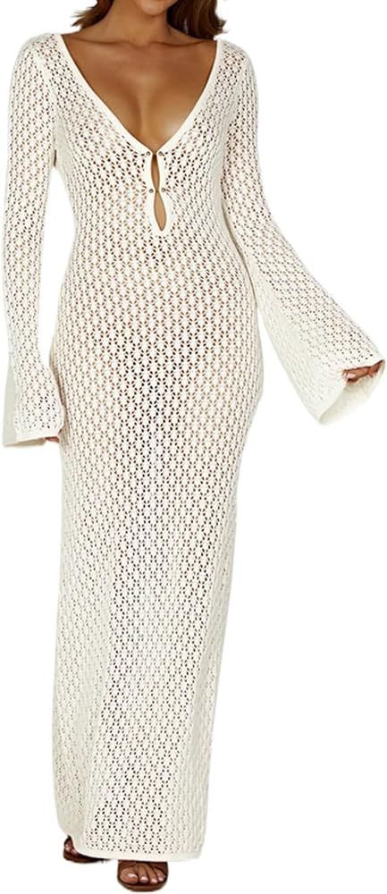 Long Sleeve Crochet Knit Maxi Dress for Women Hollow Out Deep V Neck Bodycon Long Sun Dress Cover... | Amazon (US)