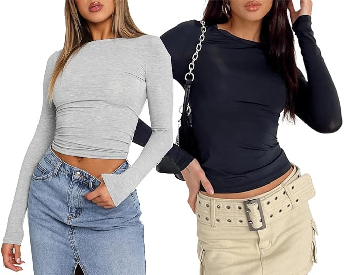 Skimmings Dupes Long Sleeve Shirt Tops Women Y2k Tight Skinny Slim Fitted Tee Solid Color Basic C... | Amazon (US)