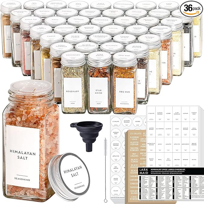 Laramaid 4oz 36Pack Glass Jars with 640 Minimalist White Vinyl Spice Labels, Shaker Lids Dispense... | Amazon (US)
