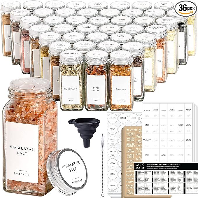 Laramaid 4oz 36Pack Glass Jars with 640 Minimalist White Vinyl Spice Labels, Shaker Lids Dispense... | Amazon (US)