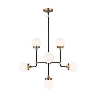Cafe 8-Light Satin Brass Mid-Century Modern Industrial Chandelier with Etched/White Inside Glass ... | The Home Depot