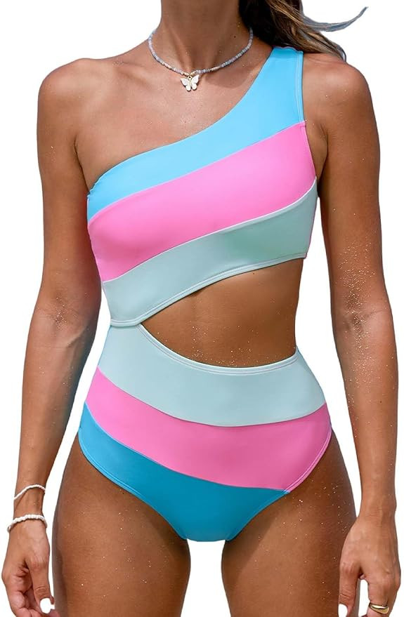 CUPSHE Women's One Piece Swimsuit One Shoulder Bathing Suit Cutout Color Block Swimwear | Amazon (US)