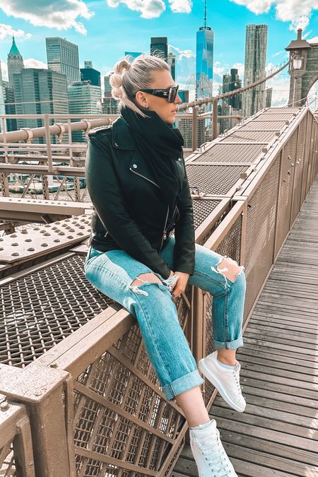 Spring, April in New York! Jeans with leather jacket and scarf! 

#LTKmidsize #LTKtravel #LTKfindsunder50