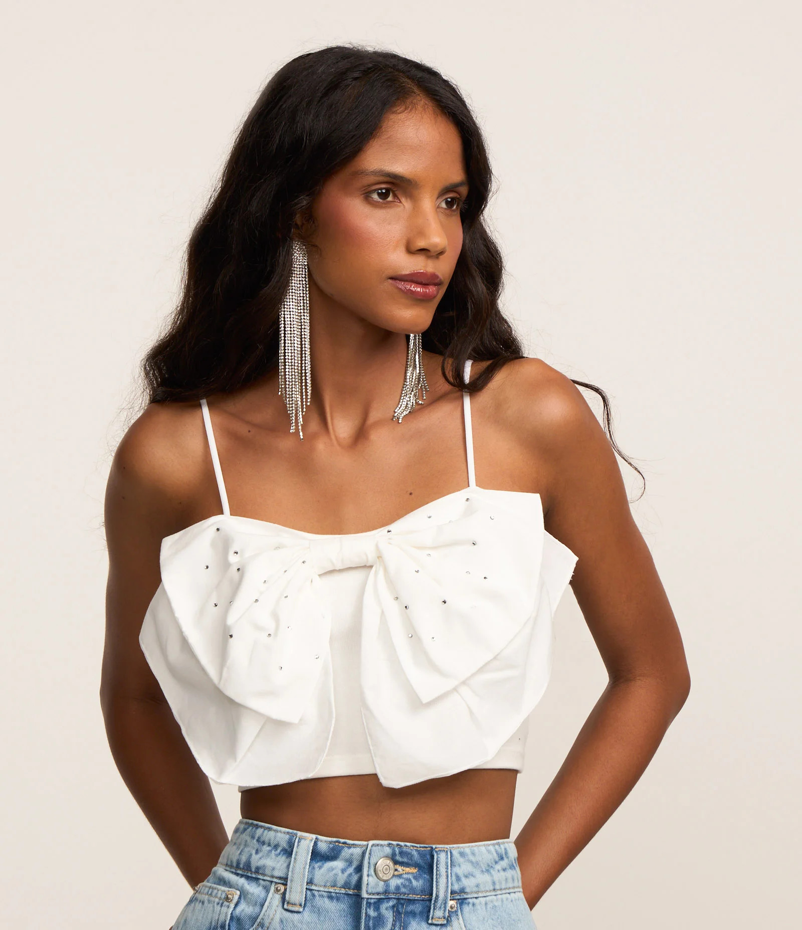 Blusa Cropped em Algodão com Laço e Brilhos Aplicados Branco - Lojas Renner | Renner (BR)