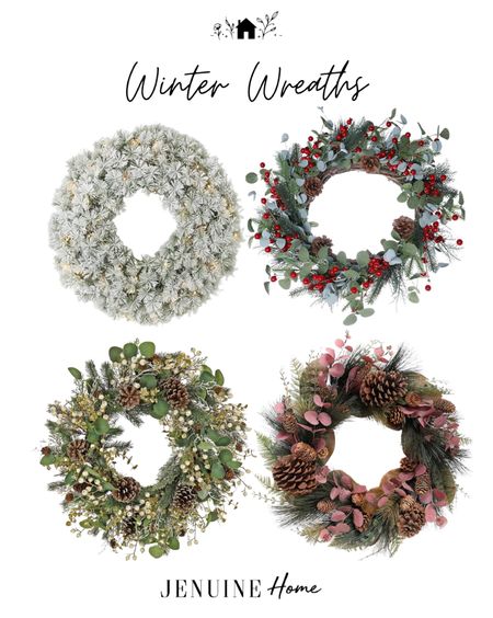 Winter wreaths. Christmas wreaths. Holly wreath with pine cones. Pink and green evergreen wreath. White flocked wreath  

#LTKSeasonal #LTKhome #LTKHoliday