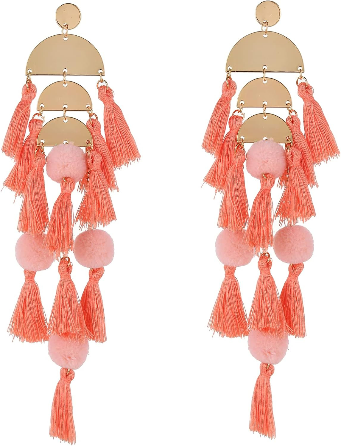 Long Tassel Earrings Statement Bohemian Pom Ball Handmade Drop Dangle Earrings for Women Girls | Amazon (US)
