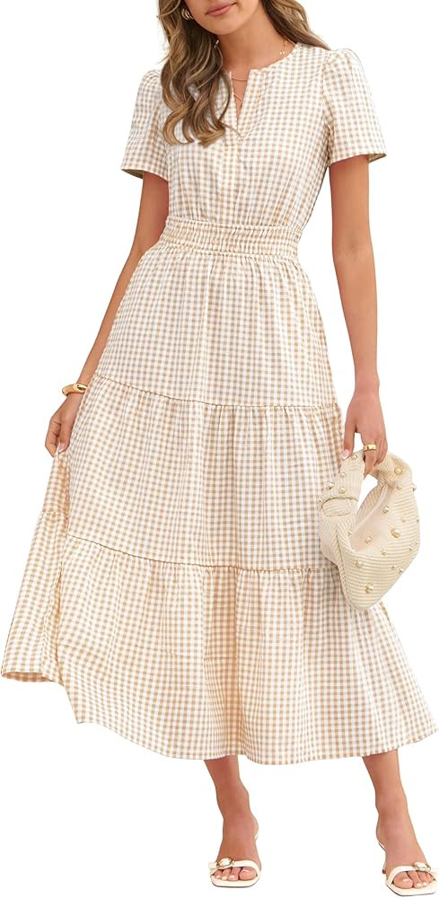 Caracilia Womens Summer Maxi Dresses 2026 Spring Casual V Neck Short Sleeve Gingham Flowy A-Line ... | Amazon (US)