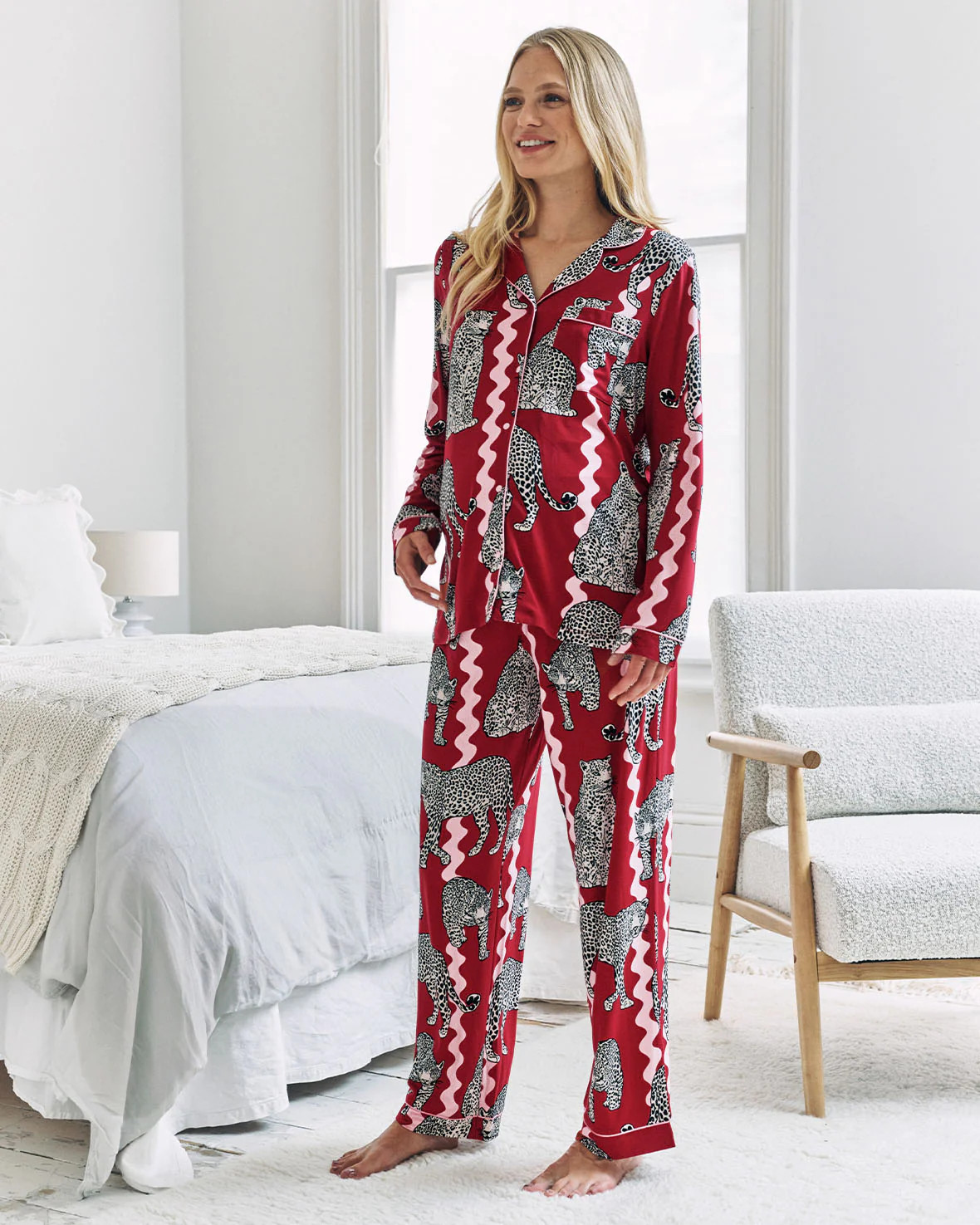 Maternity Snow Leopard Wavy Stripe Print Long Pyjama Set | Chelsea Peers NYC