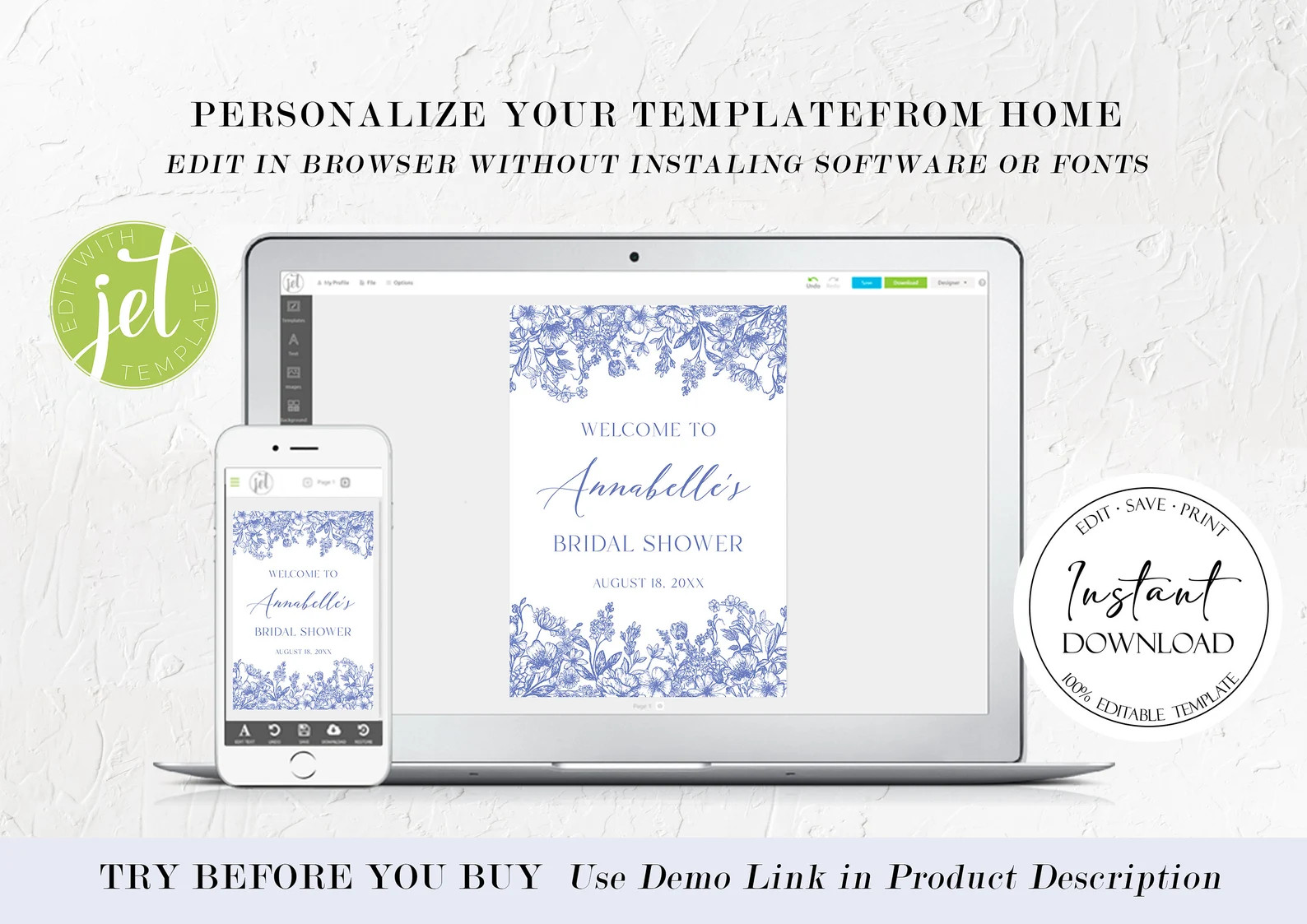 Blue Floral Bridal Shower Welcome Sign Template, Blue Vintage Botanical Bridal Party Welcome Post... | Etsy (US)