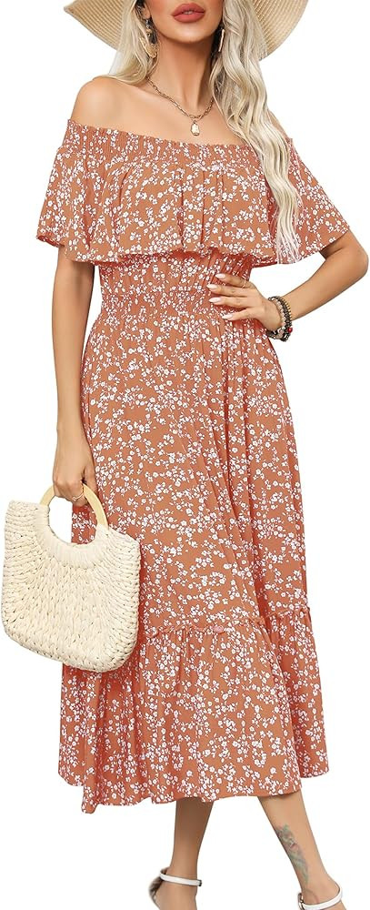 Prettywear Women's 2024 Spring Summer Boho Off Shoulder Midi Dress Floral Short Sleeve A Line Cas... | Amazon (US)