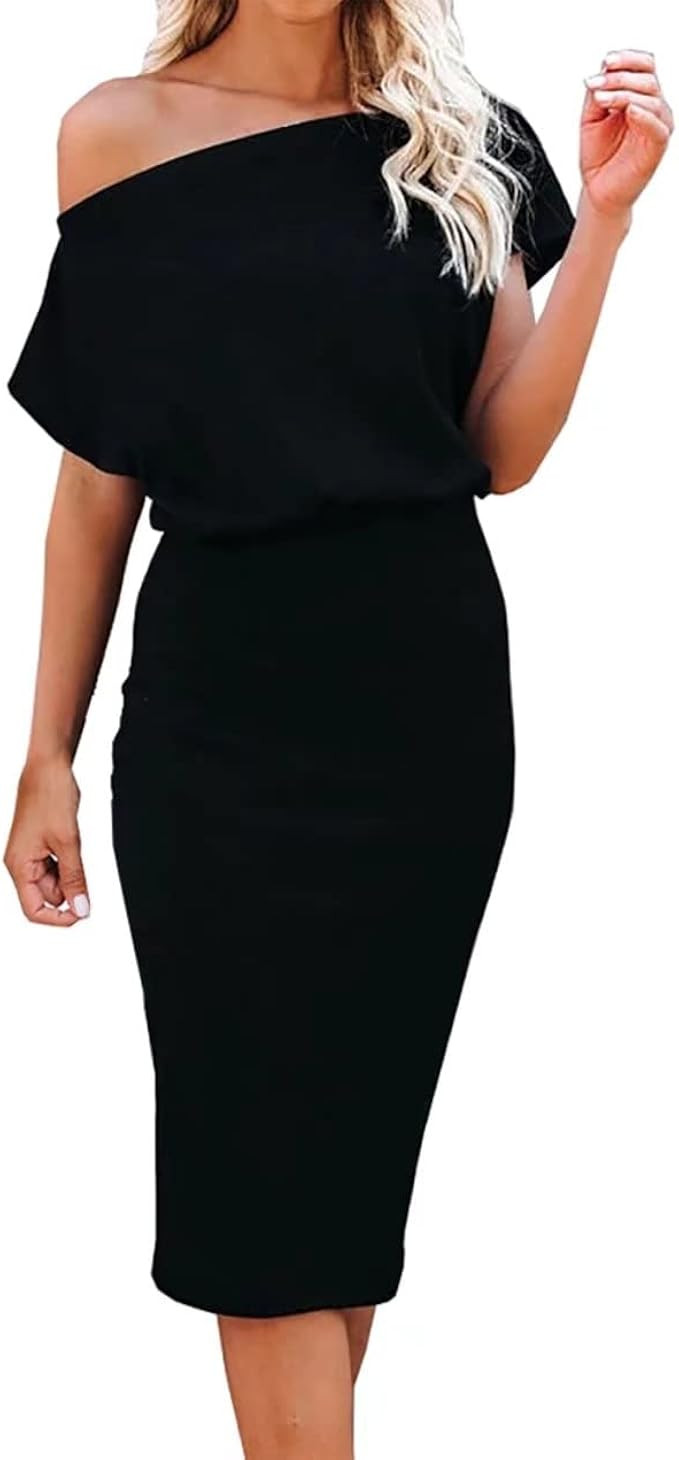 Ezbelle Women's Off The Shoulder Short Sleeve Ribbed Casual Party Bodycon Midi Dress | Amazon (US)