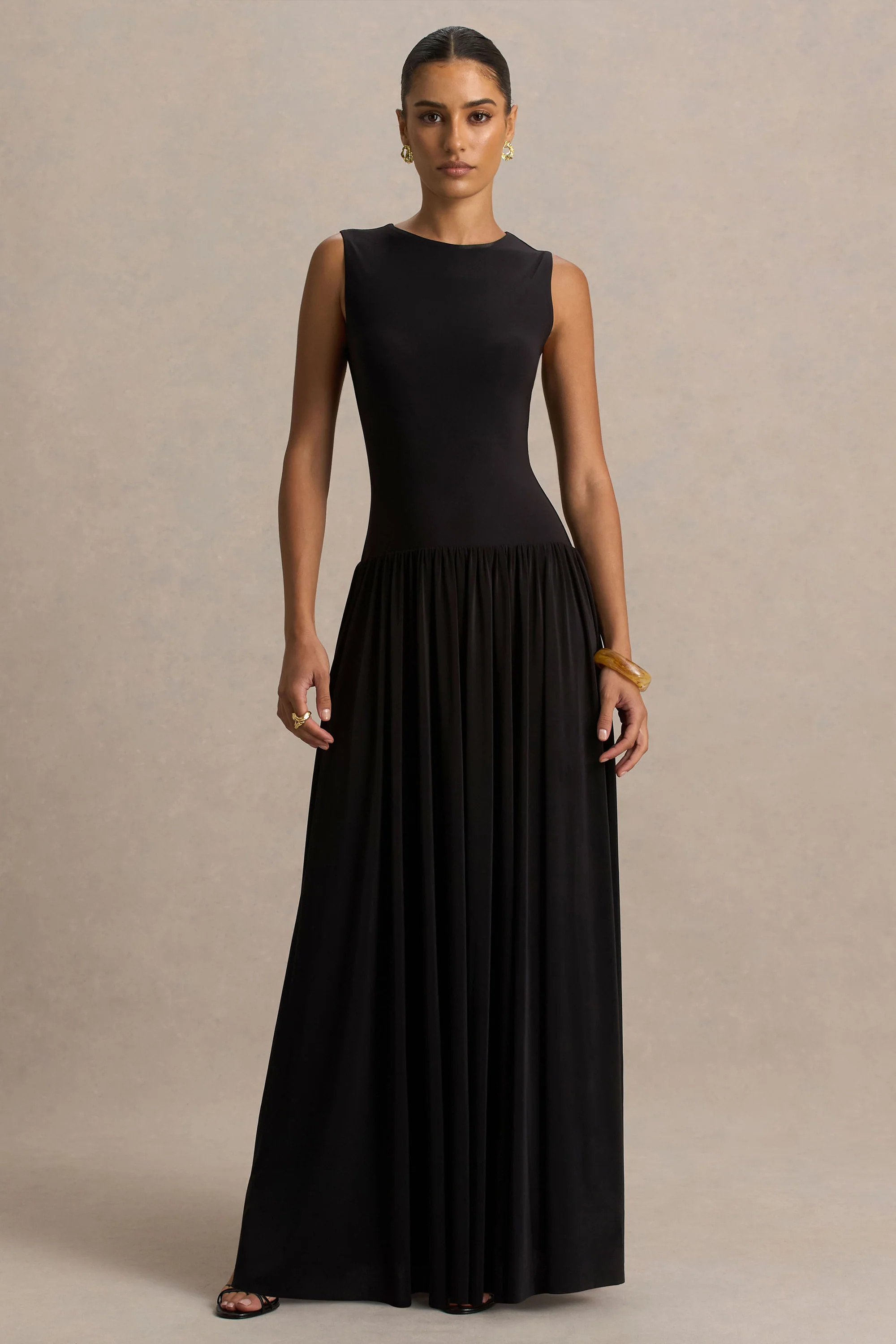 Rosalita | Black Crew-Neck Maxi Dress With Drop-Waist | Club L London