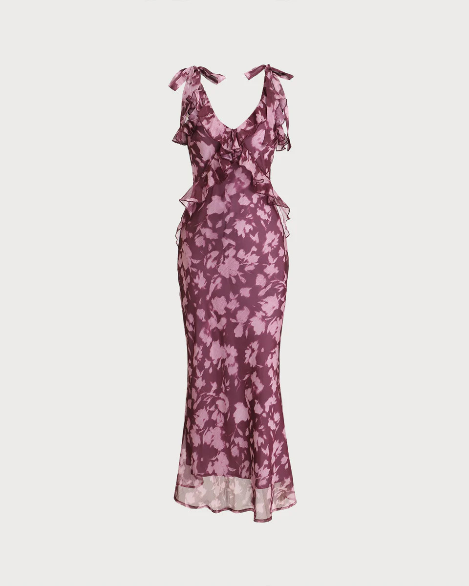 Purple Floral Ruffle Tie Strap Maxi Dress | rihoas.com