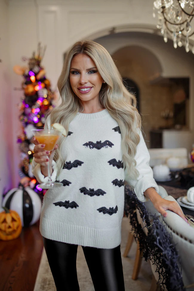 Come Fly With Me Ivory and Black Sequin Bat Sweater Macy Blackwell X Pink Lily | Pink Lily
