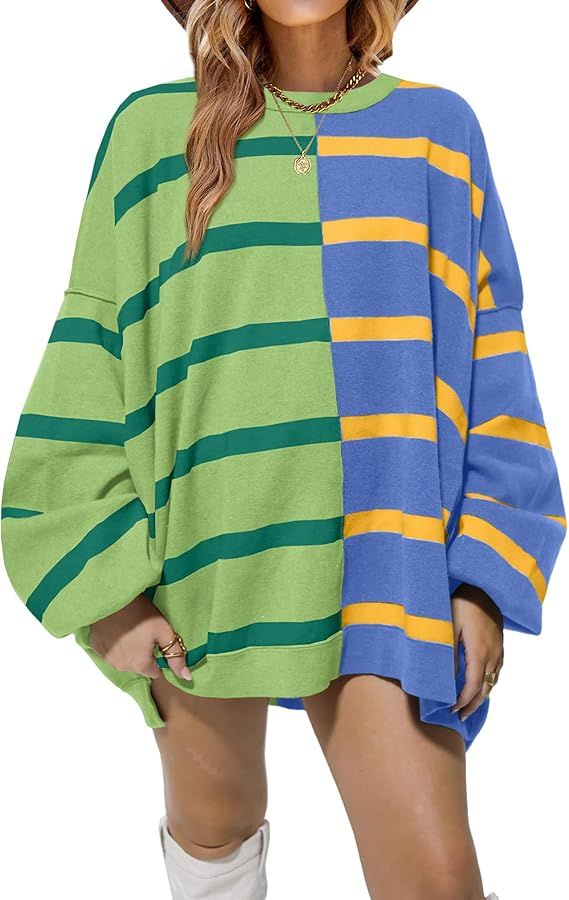 Fisoew Womens Striped Pullover Sweater Crew Neck Long Sleeve Knitted Color Block Casual Loose Lig... | Amazon (US)