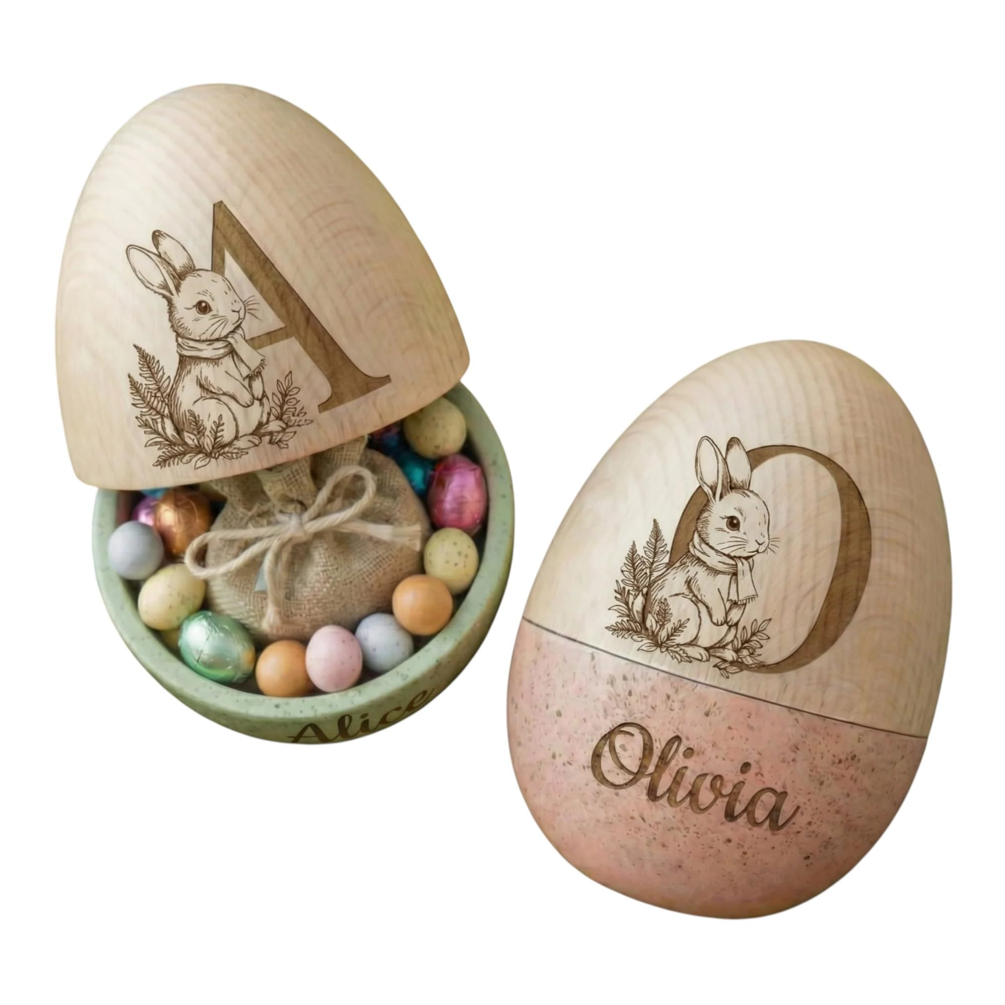 Personalized Bunny Design Easter Egg with Engraved Name and Initial, Wooden Easter Basket Stuffer... | Amazon (US)