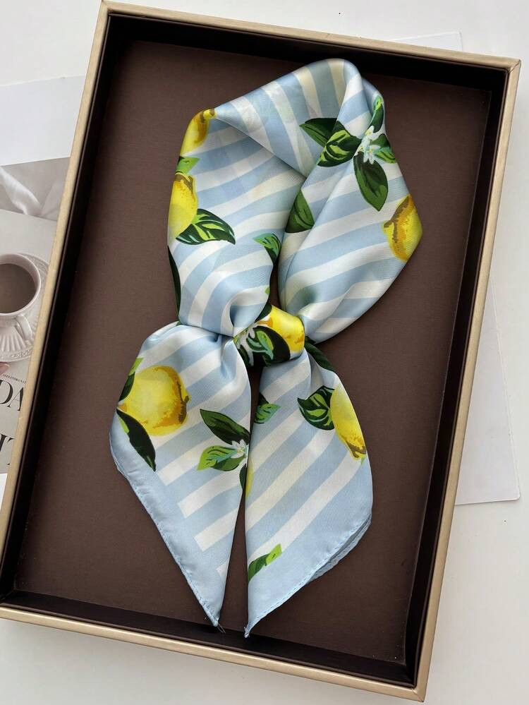 Spring Summer Women's Elegant Vintage Lemon Print Square Imitation Silk Scarf, Bohemian Vintage C... | SHEIN